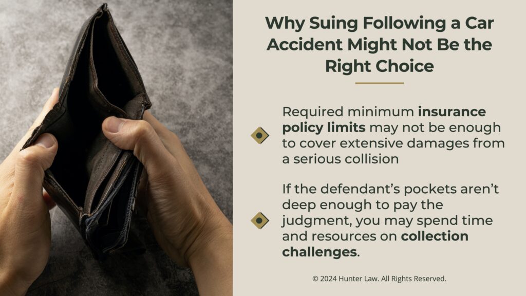 Callout 3: Hands opening an empty wallet- no money to pay- why suing after a car accident might not be the right choice.