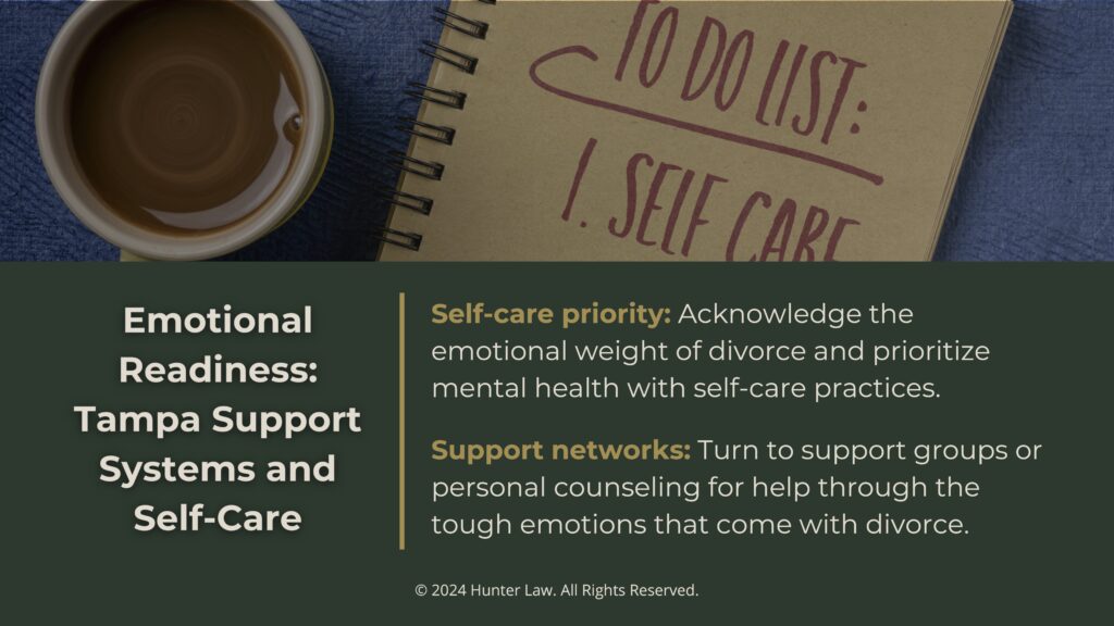 Callout 4- Self-care journal, cup of coffee on desk- emotional readiness, Tampa divorce support systems and self-care.