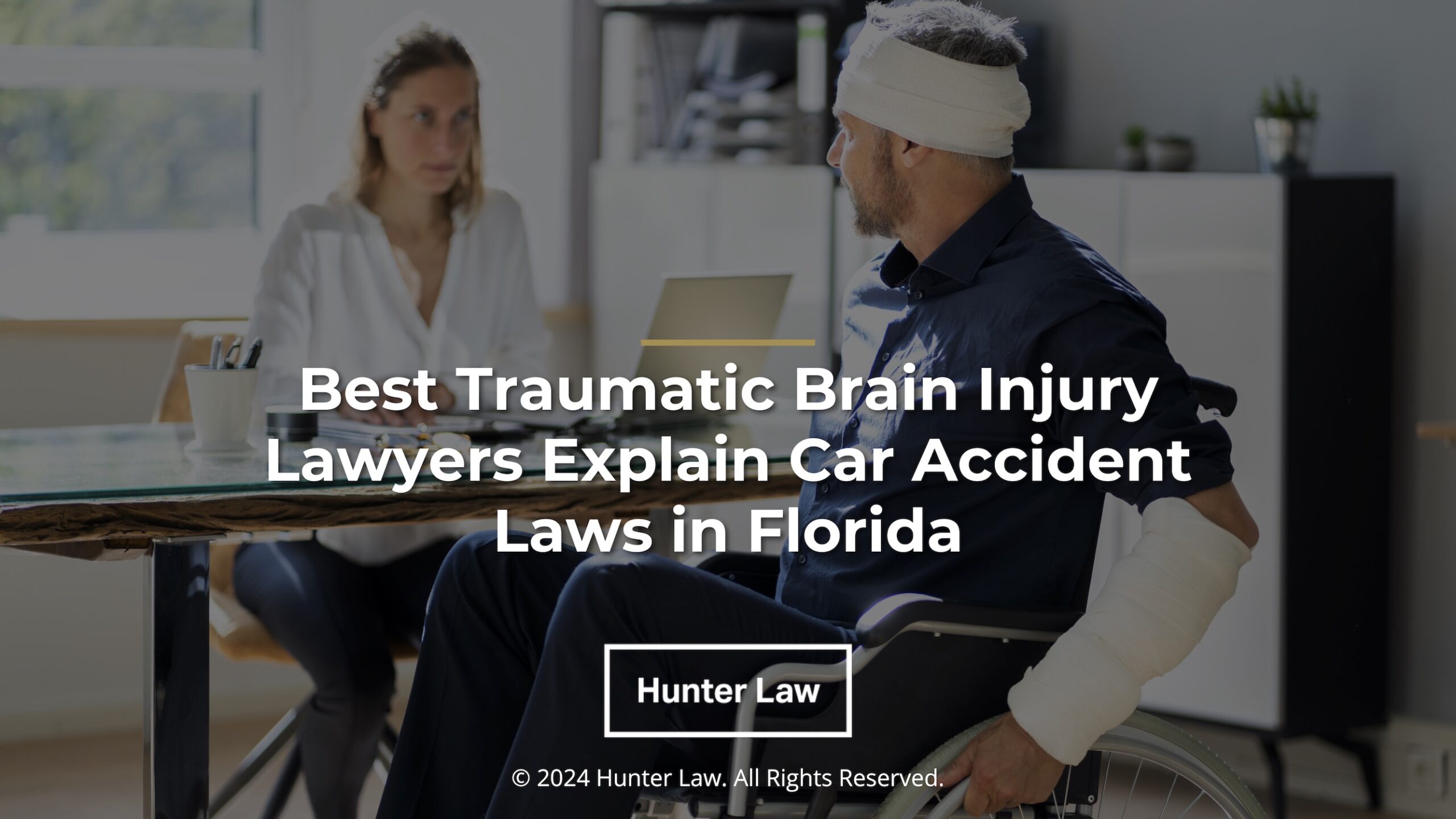 Featured: Male traumatic brain injury victim in wheelchair at consultation: Best Traumatic Brain Injury Lawyers Explain Car Accident Laws in Florida