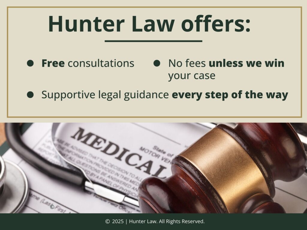 Medical document, stethoscope & judges gavel on desk- Hunter Law offers free consultations.