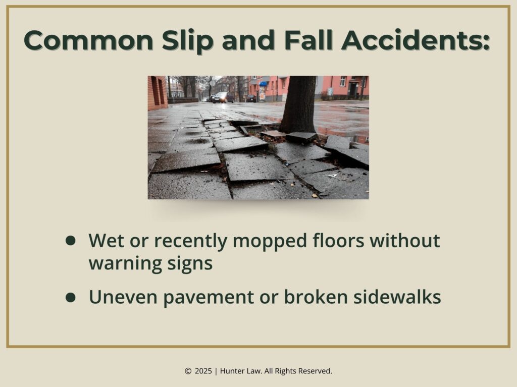 Rain-soaked cracked & buckled sidewalk-two common slip & fall accidents.