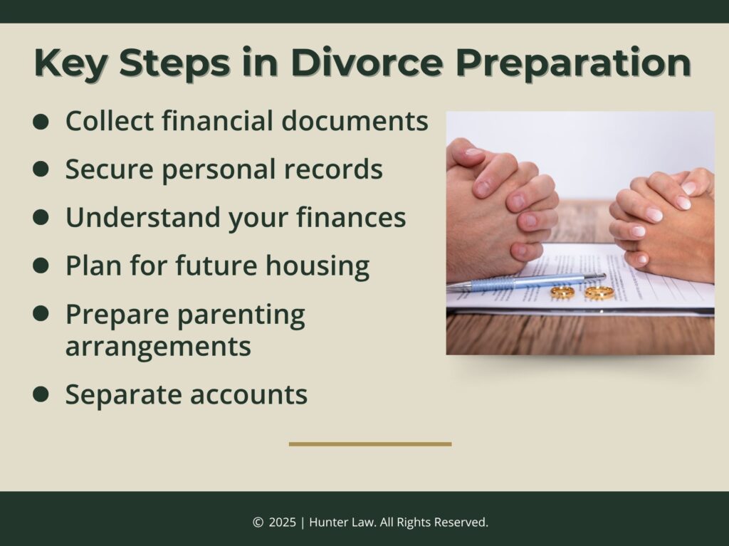 Two folded hands resting on legal document with 2 wedding rings- six steps in divorce preparation.