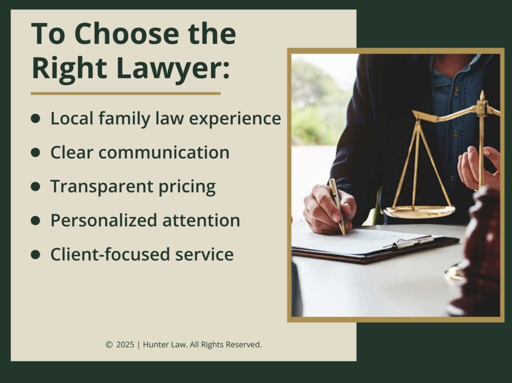 Lawyer at desk with document and justice scales- five qualities to help choose the right lawyer.