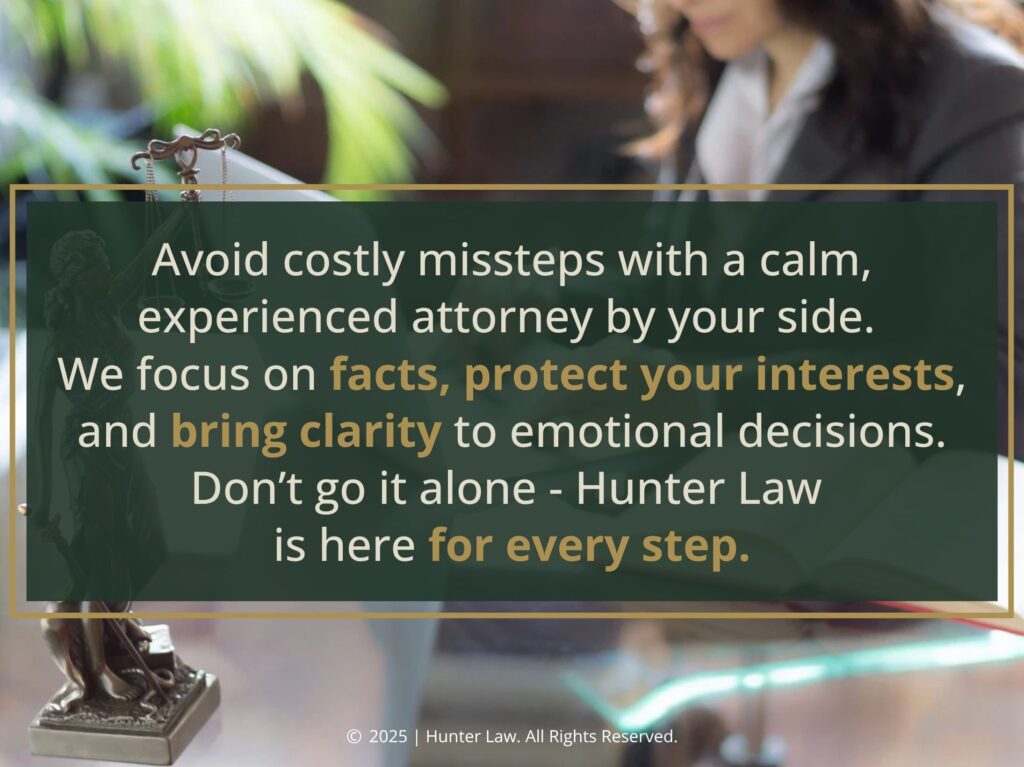 Female attorney working on laptop. Law books and Lady Justice on desk.- Reasons to choose Hunter Law.
