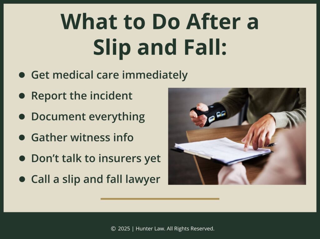 Person with wrist brace on pointing to document - six steps what to do after a slip & fall.