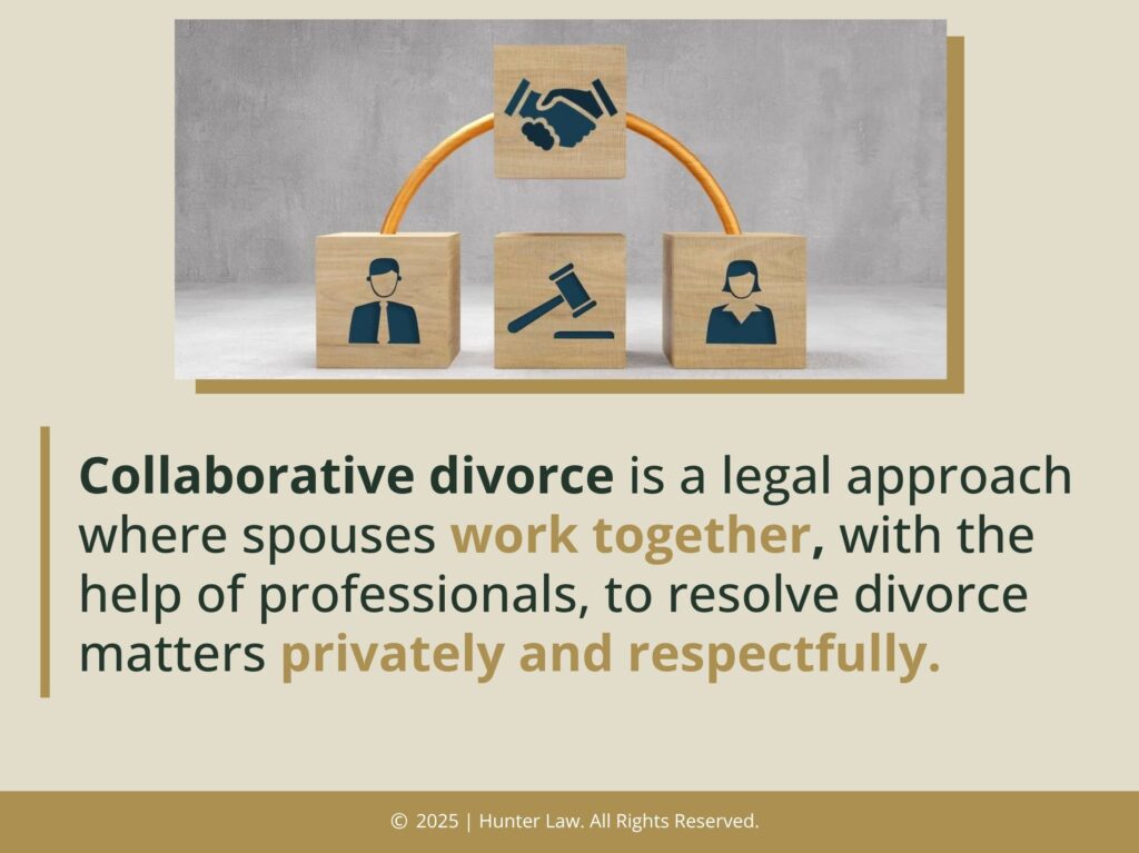 Wooden blocks with a man, gavel and woman with handshake block arch- collaborative divorce definition.