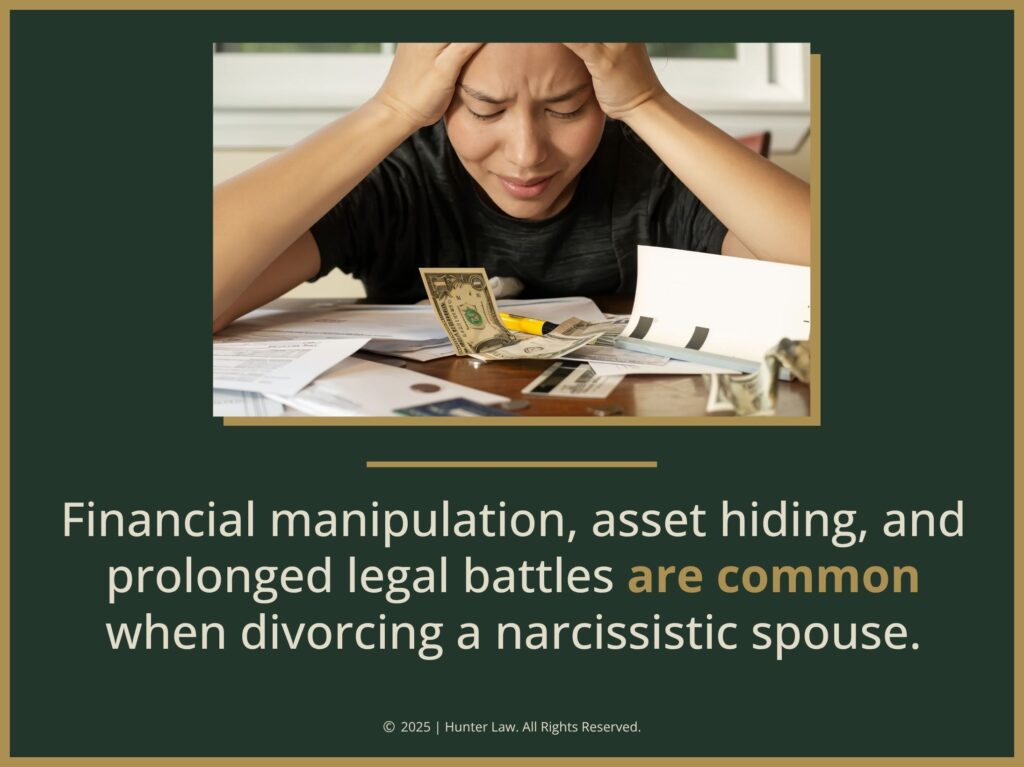 Financially overwhelmed female holding hands to her head- Financial manipulation is common when divorcing a narcissist.