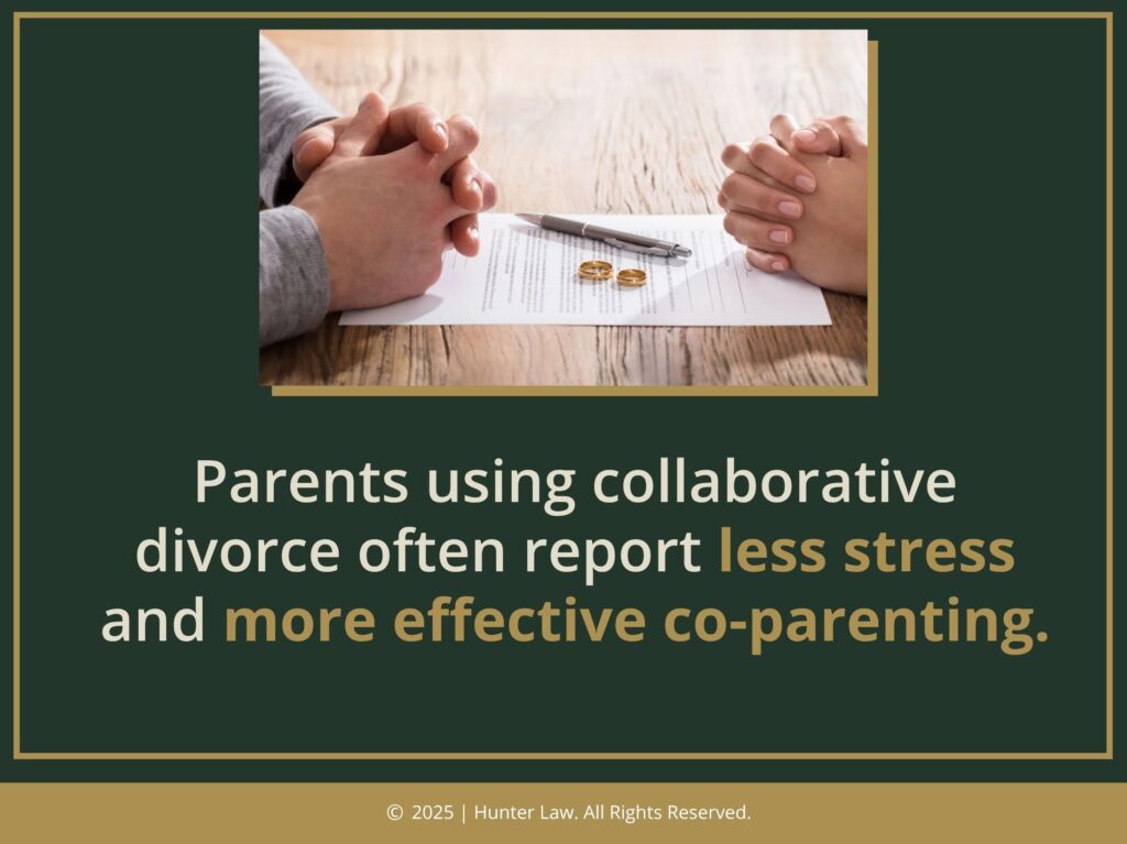 Couple sitting across from each other with clasped hands on divorce document and wedding ring- effective co-parenting with collaborative divorce.