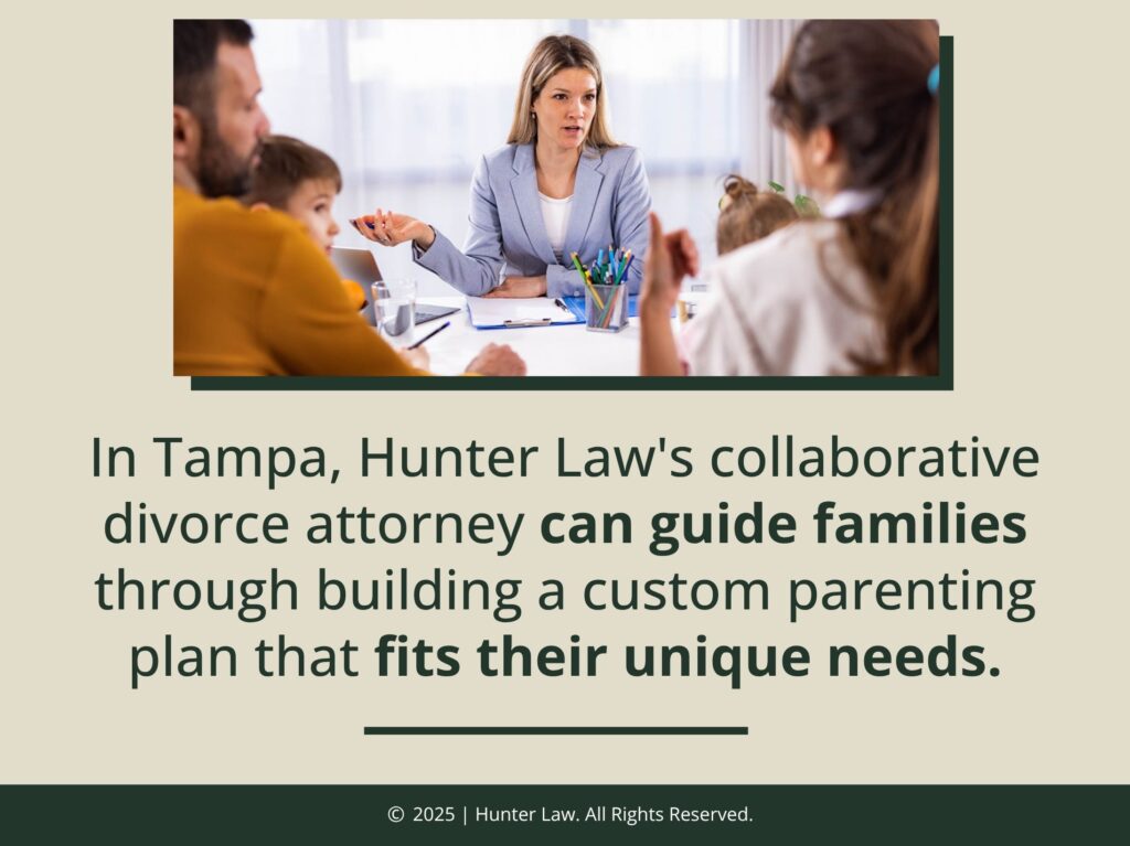 Couple with kids at consultation with family law attorney- Hunter Law divorce attorney helps guide families with coparenting planning.