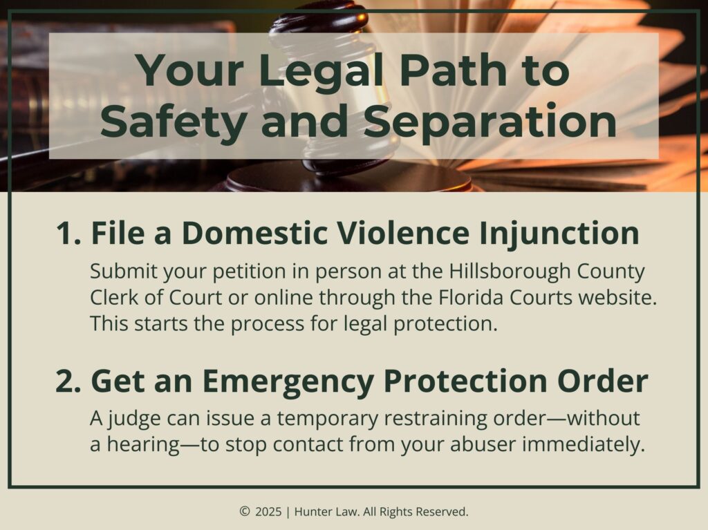 Judges gavel on bench with test overlay - Your Legal Path to Safety and Separation- Steps 1, 2.