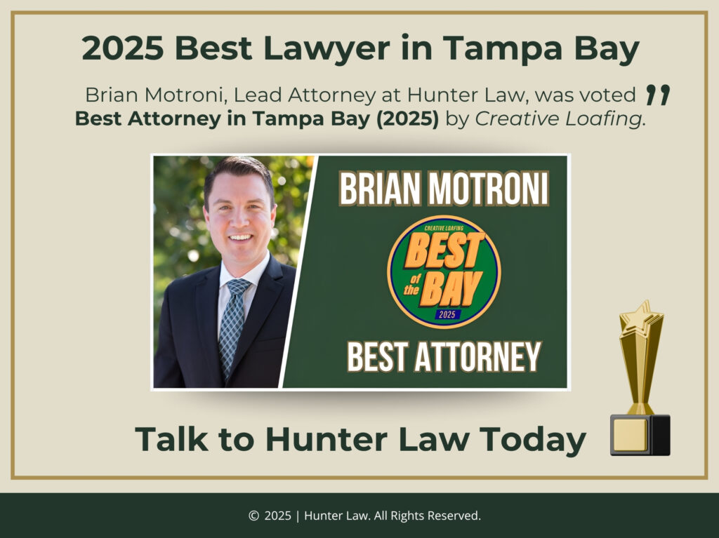 Brian Motroni photo with Best of the Bay Best Attorney award. 2025 voted Best Lawyer in Tampa Bay.