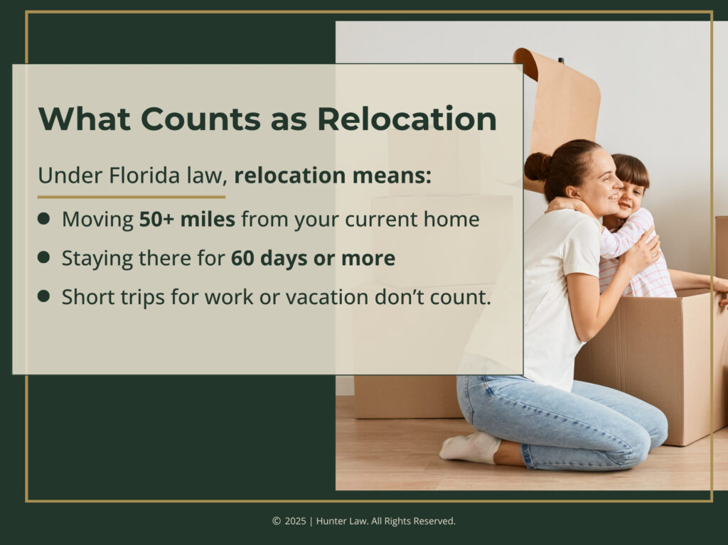 Woman hugging child standing in moving box - divorce in FL relocation means - three descriptions.