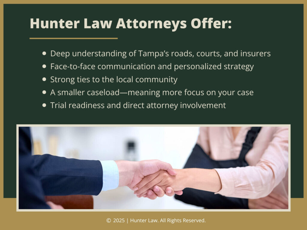 Lawyer shaking hands with client who has an arm in a sling. Five benefits of hiring Hunter Law Attorneys.