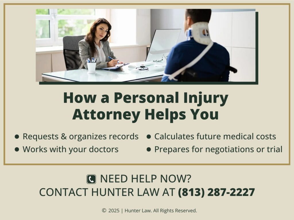 Female attorney at desk taking notes in consultation with an injured man in neck brace and wheelchair. 
