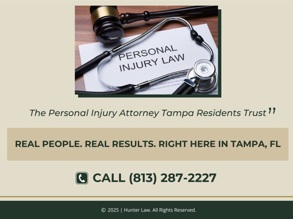 Judges gavel and stethoscope on a Personal Injury Law document- Hunter Law phone number- 813-287-2227.