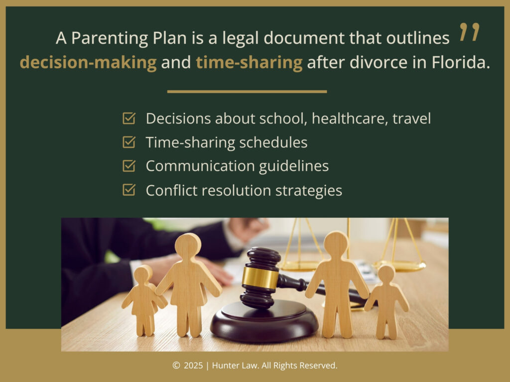 Wooden family figures, judges gavel, justice scales on desk. Four elements of a parenting plan.