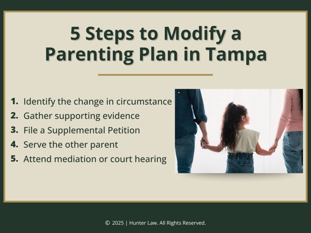 Young girl holding hands in between two adults- five steps to modify a parenting plan in Tampa.