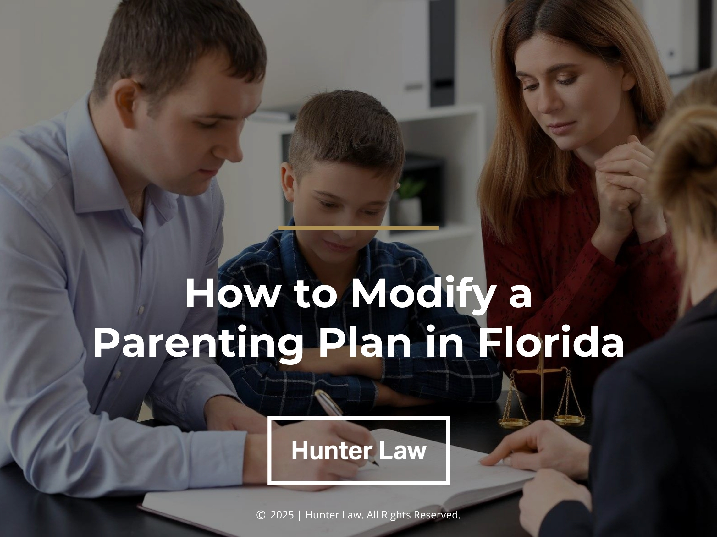 Two adults and a child consult with a lawyer looking at a document- How to modify a parenting plan in Florida.