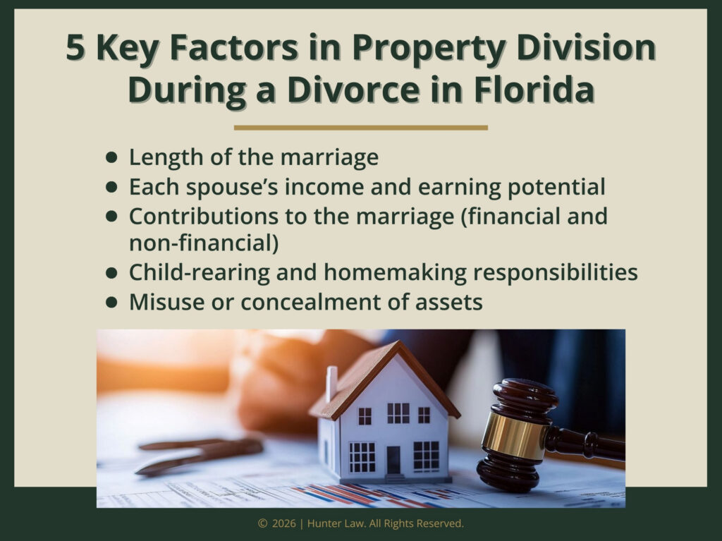 Small wooden house, judges gavel on legal documents. Five factors in property division in Florida divorce.