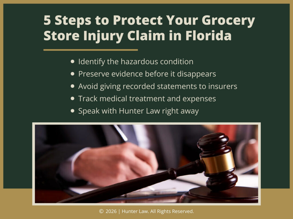Judges gavel on lawyer's desk while working. Five steps to protect a grocery store injury claim in Florida.