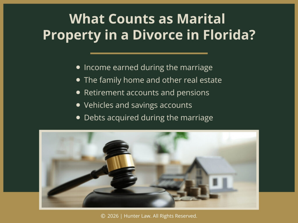 Judges gavel, stacked coins on desk. Five things that count as marital property in Florida divorce.