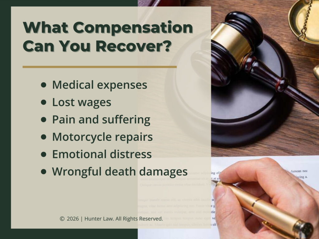 Judges gavel on desk and hand signing a document. Compensations you may recover. Six listed.