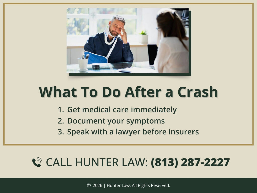 Injured person with neck brace and arm in sling consults with a lawyer. Three actions to take after a crash.
