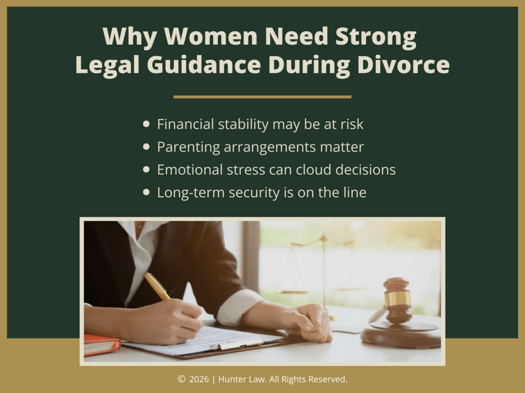 Female signs documents at desk with judges gavel. Four reasons women need strong legal guidance during divorce.