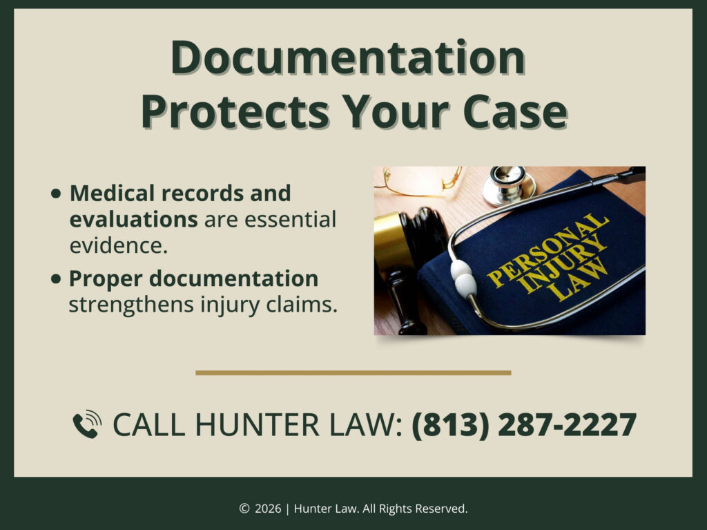 Personal Injury Law book, stethoscope and judges gavel on desk. Documentation protects your case.