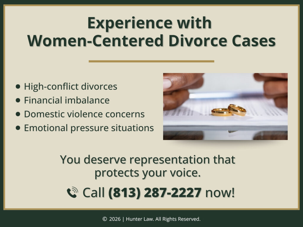 Two wedding bands on top of documents. Experience with women centered divorce. Four factors listed.