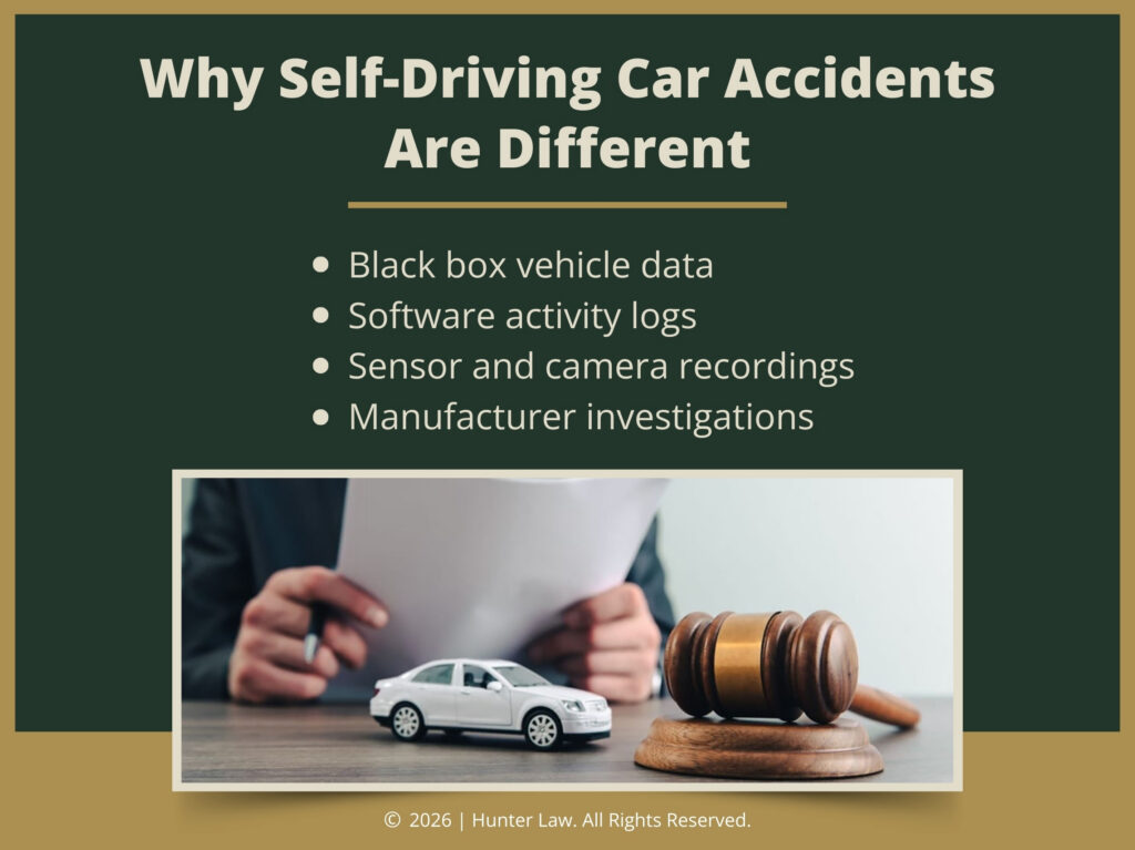 Small model car and judges gavel on a desk with someone reviewing document. Four reasons autonomous car accidents are different.