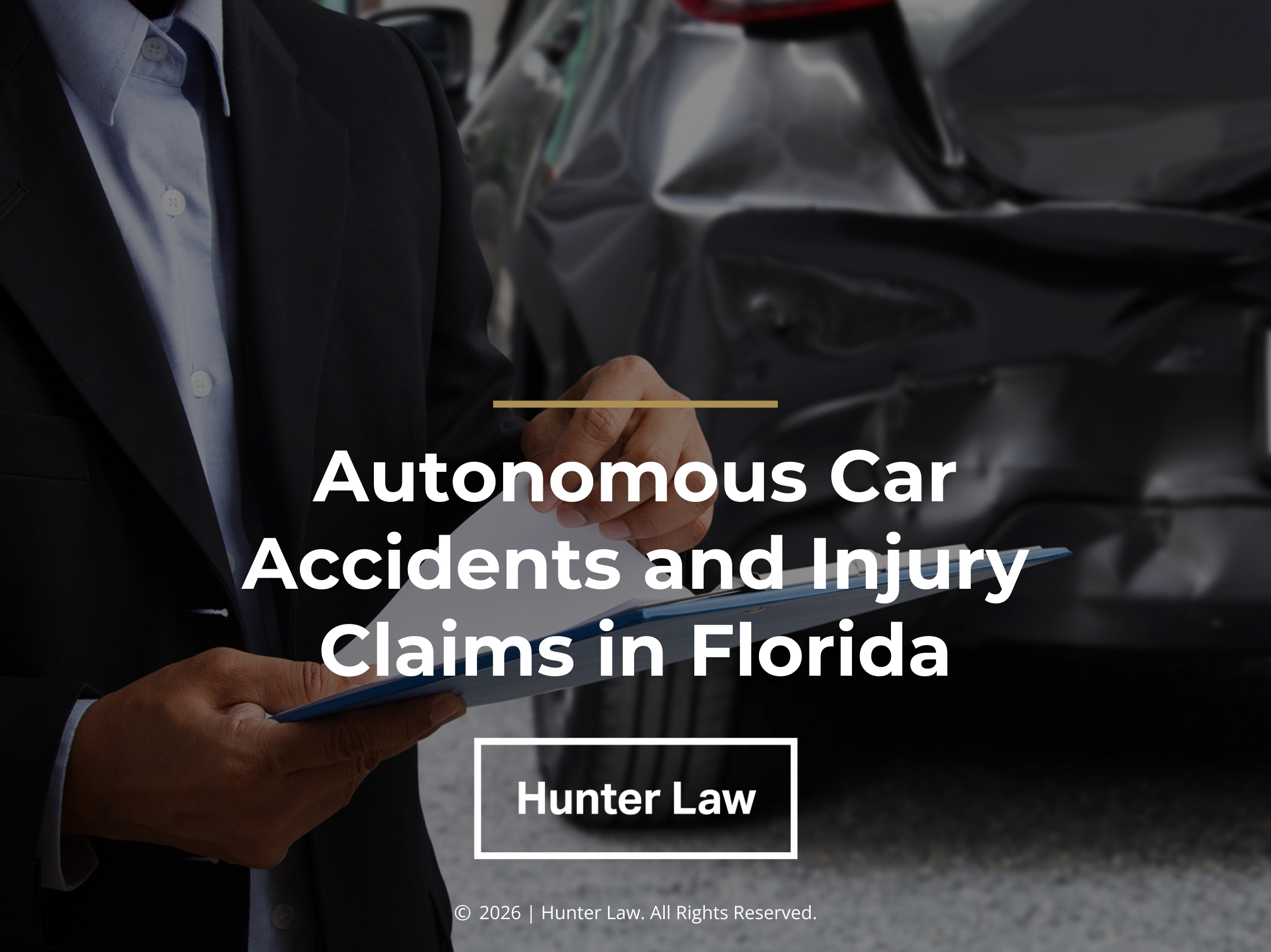 Person in a suit hold a clipboard observing a car with rear damage. Article title.