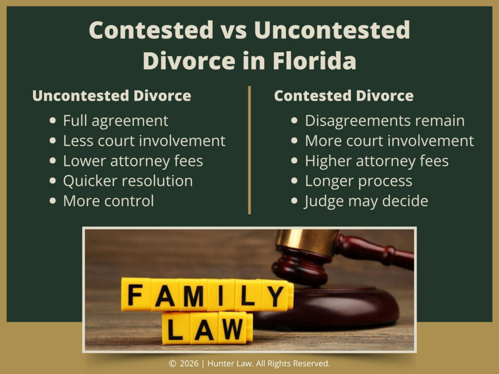 Judges gavel on desk with the words Family Law spelled out on yellow blocks. Contested vs. uncontested divorce in Fl comparison chart.