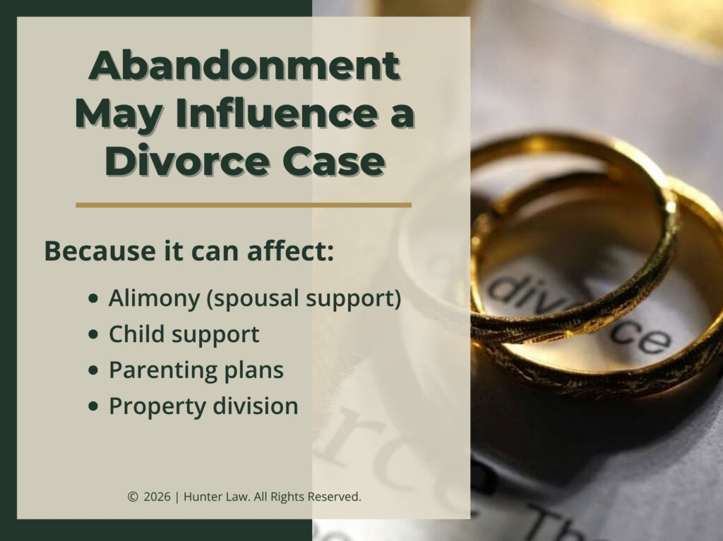 Close-up of two wedding rings lying on a divorce document. Four ways abandonment may affect a divorce case.