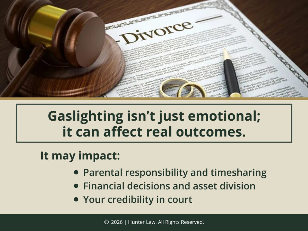 Judges gavel, divorce document with two rings and a pen on desk. Three ways gaslighting can affect a divorce outcome.