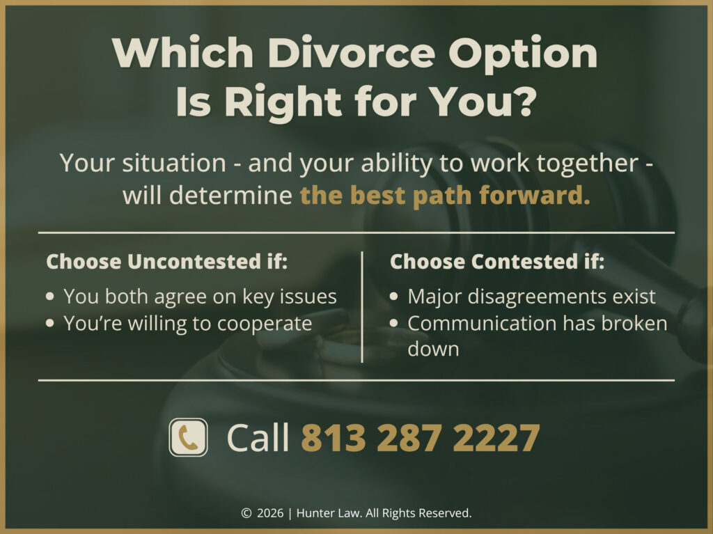 Key considerations listed for which divorce option is right for you. Contested or uncontested.  