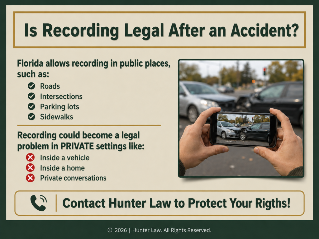 Close-up of hands holding a smartphone recording damaged vehicles after an accident. Four public places listed where recording is legal. Three private settings where recording may be illegal.