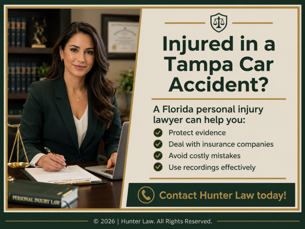 Female lawyer at desk with personal injury book and justice scales. Florida personal injury lawyer can help in four ways.
