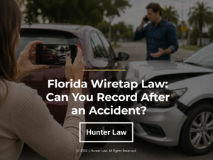 Woman recording a car accident scene with a smartphone. Article title.