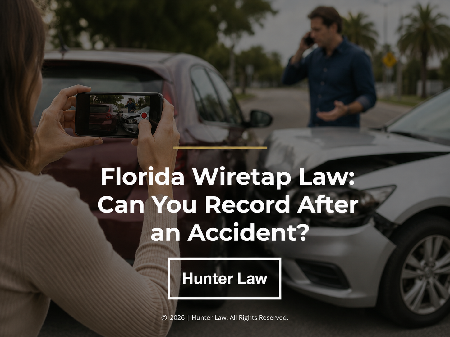 Woman recording a car accident scene with a smartphone. Article title.