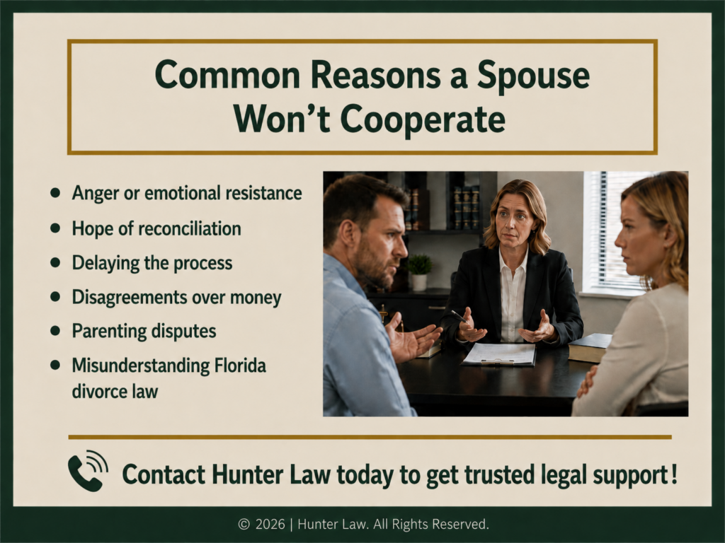 Tense couple arguing in legal consultation with a female divorce attorney. six reasons a spouse won't sign divorce papers.