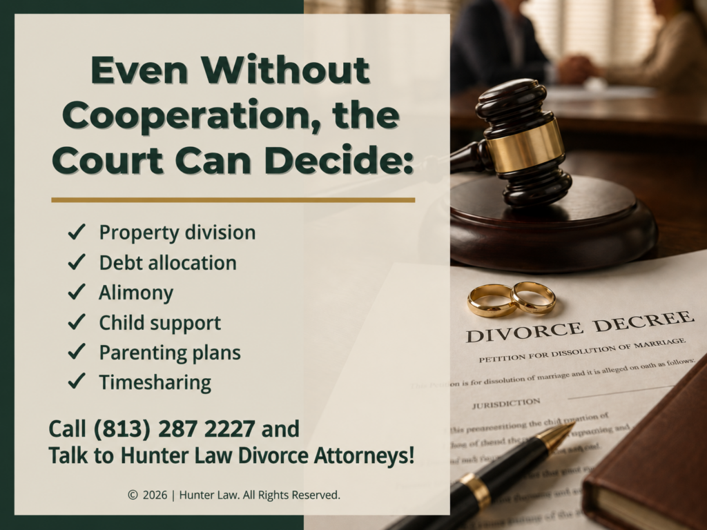 Courtroom gavel, two wedding bands on top of divorce decree. Six areas a court can decide in a divorce without cooperation.