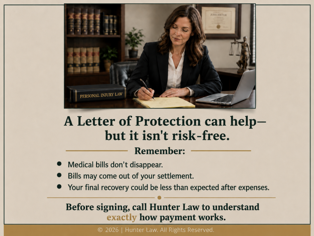 Personal injury attorney writing legal documents at her law office desk. Three things to remember about a letter of protection not being risk-free.