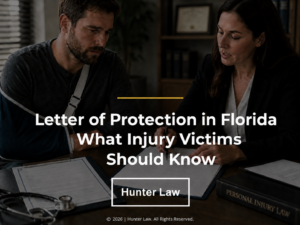 Personal Injury lawyer reviews documents with client wearing an arm sling. Letter of Protection in Florida: What Injury Victims Should Know- blog title.